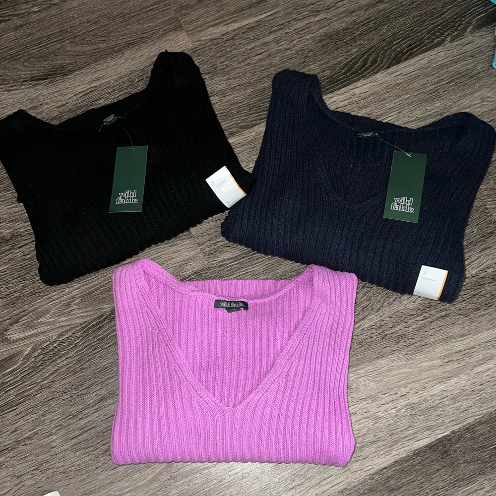 NWT/NWOT Wild Fable Black/Navy/Magenta V-Neck Ribbed Sweater Top Set Size Small
